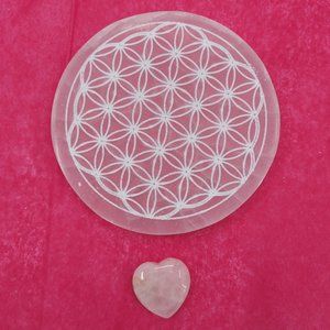 Selenite Flower of Life Engraving Charging Plate Approximately 5 inches
